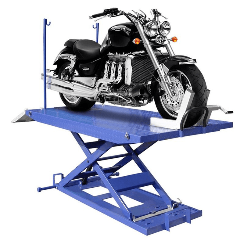 Premium Tuxedo M-1500C-HR High-Rise Motorcycle Lift Bench – 1,500 lb Capacity with Vise, Sides, Balance Bar, and Pump