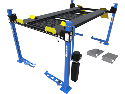 Elevate Your Workshop with the Dannmar D4-9 9,000-lbs Capacity Four-Post Lift – Standard Rise & Length, Complete with Caster Kit, Drip Trays, and Sleek Aluminum Ramps!